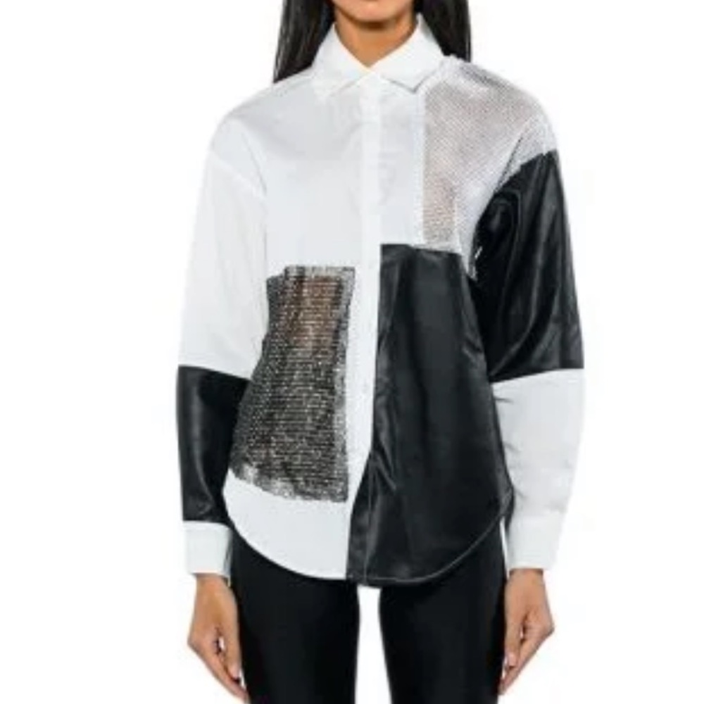 Akira say it again button up blouse with rhinestones and faux leather